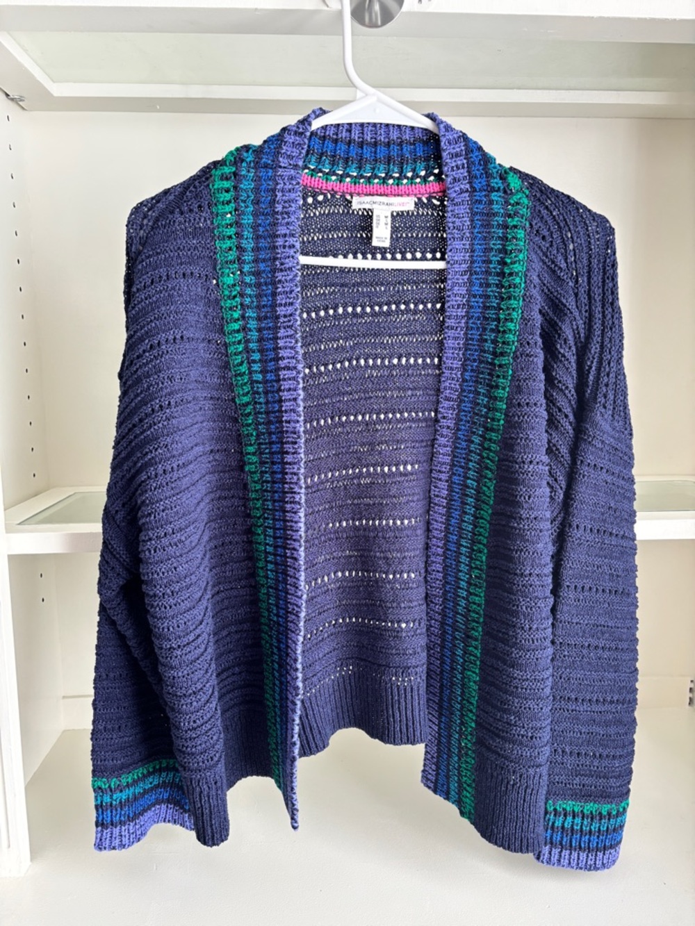 Isaac Mizrahi Navy Cardigan with Teal and Purple Trim